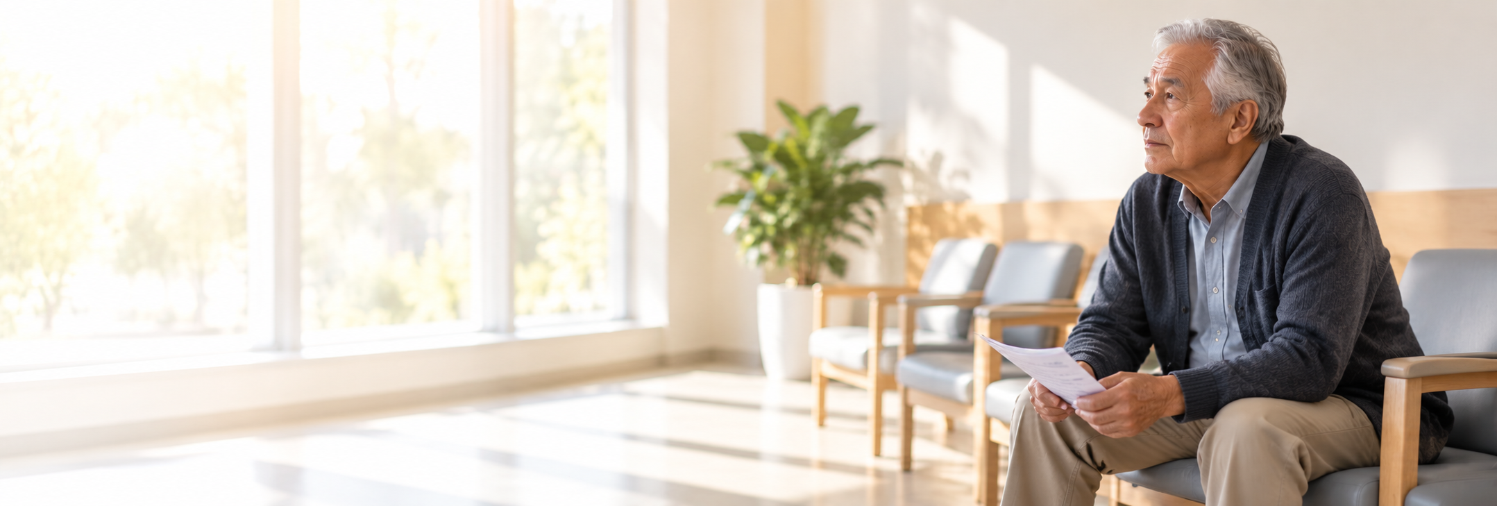 An older man sitting in a clinic waiting room, holding an appointment sheet