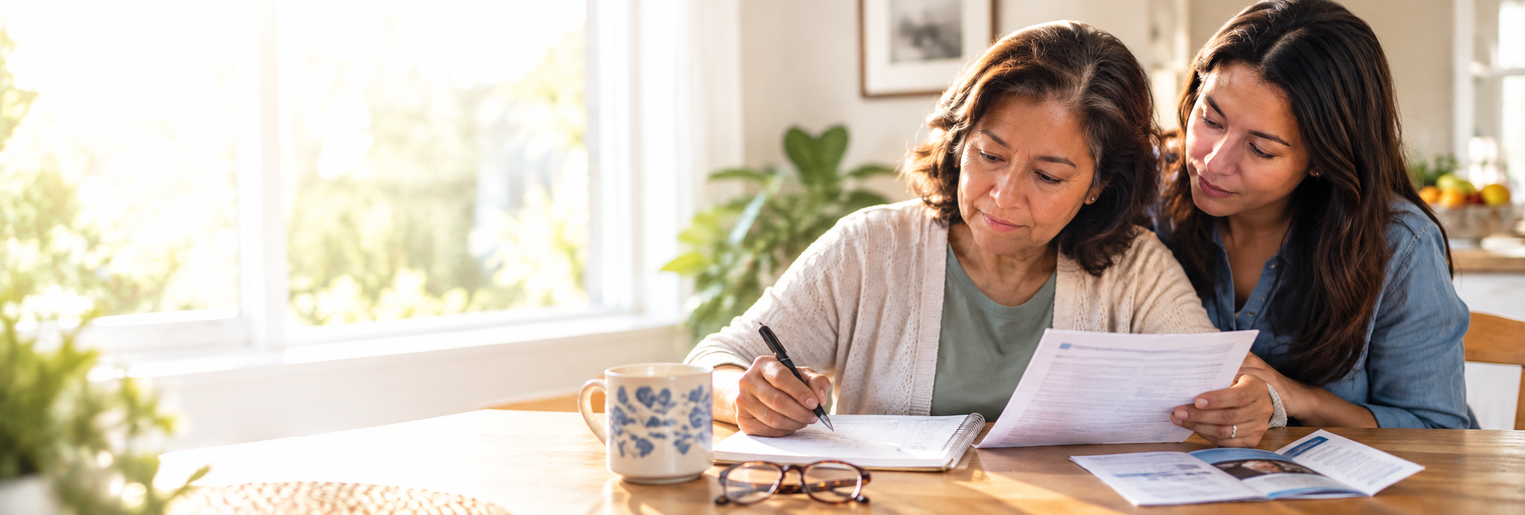 A patient and caregiver reviewing visit notes at a kitchen table