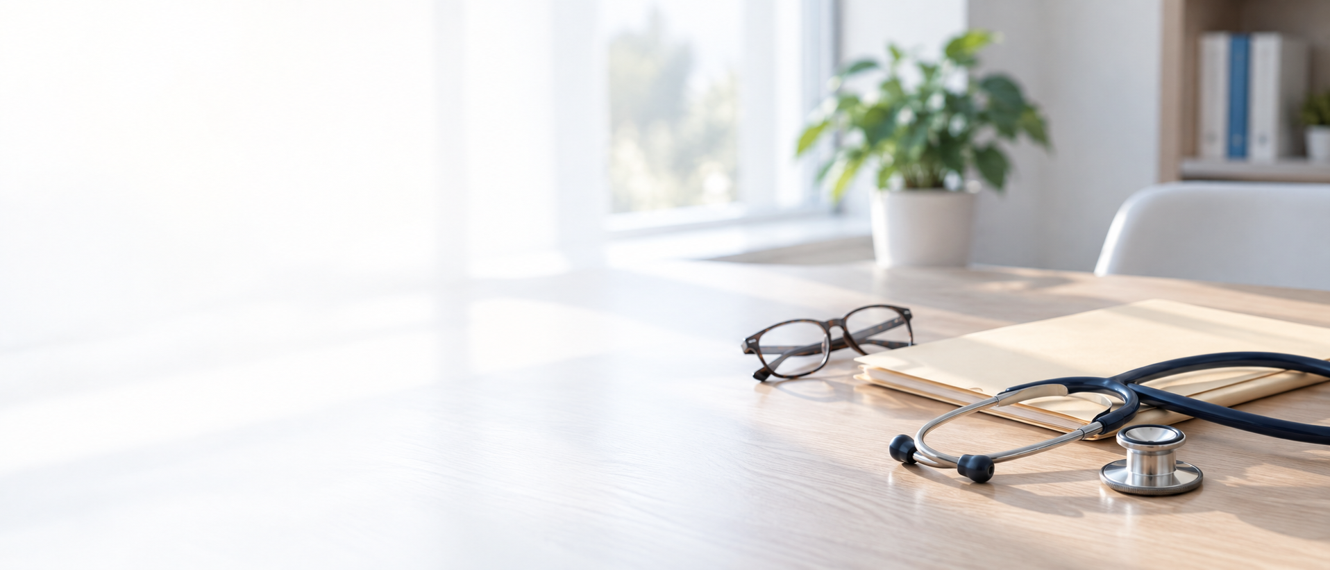 A stethoscope, glasses, and folder set down on a sunlit desk